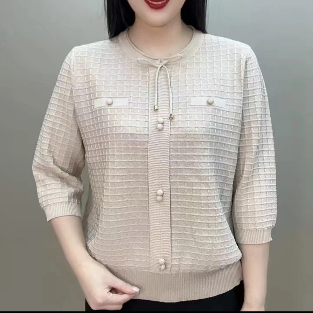 春夏新款时尚百搭纯色七分袖大码舒适妈妈装休闲宽松显瘦针织衫女