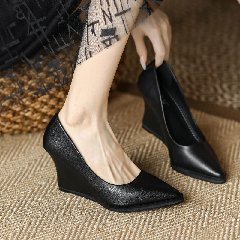 坡跟单鞋女黑色高跟鞋皮鞋软底舒适厚底久站不累脚职业上班工作鞋