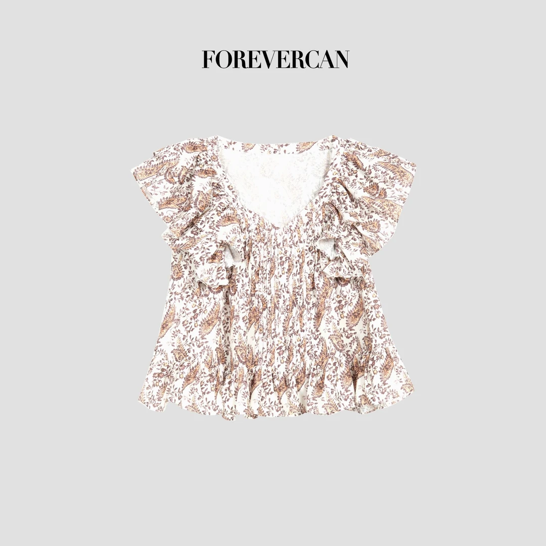 FOREVERCAN“南法茶园”方形领荷叶边小飞袖压褶衬衫 ST23377B