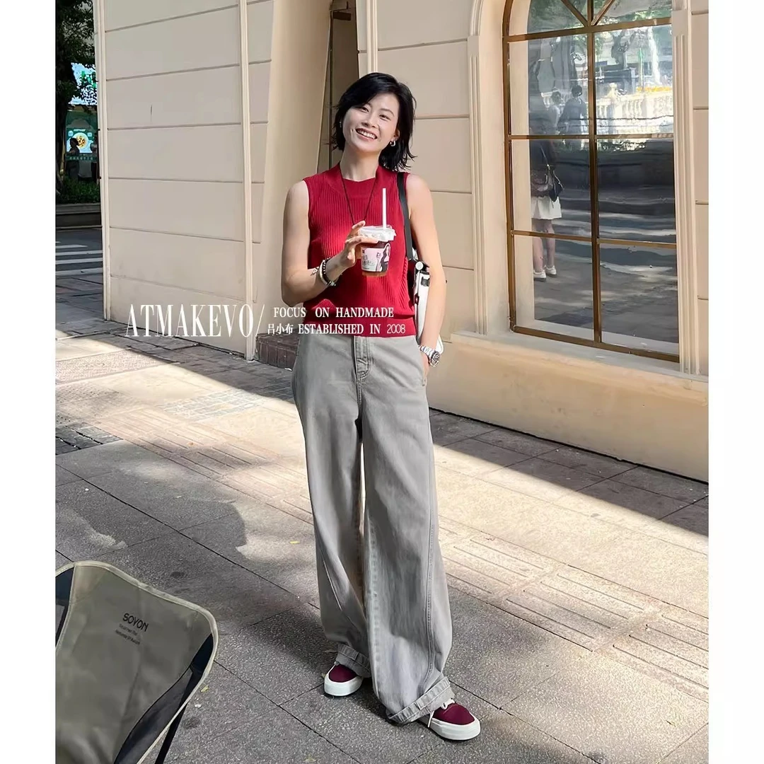 吕小布 | 浅灰色牛仔裤春夏无侧缝扭缝设计洗水复古拖地裤女0327