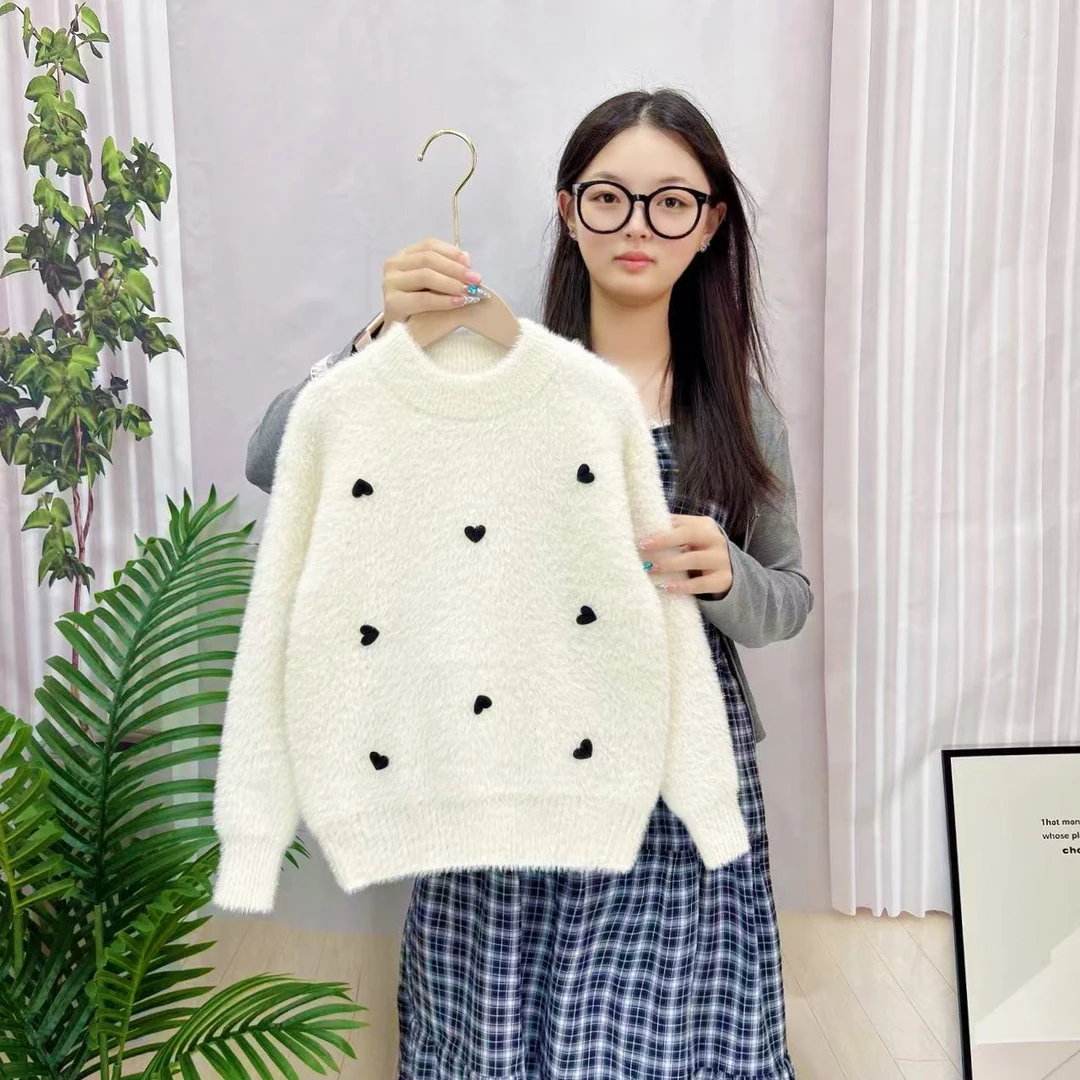 不起球水貂绒公主风心形秋冬女童极简风宽松韩版针织衫女童毛衣
