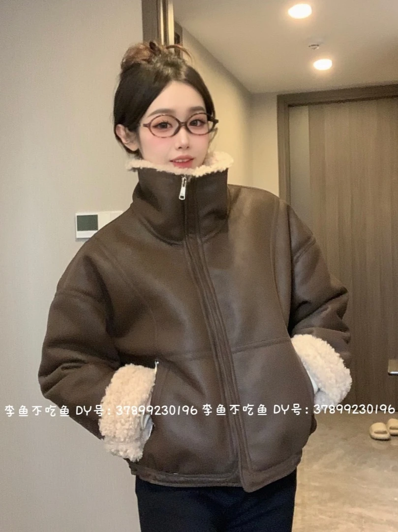 高级感翻领羊羔毛绒皮毛一体外套冬季新款减龄加厚皮衣短外套3285