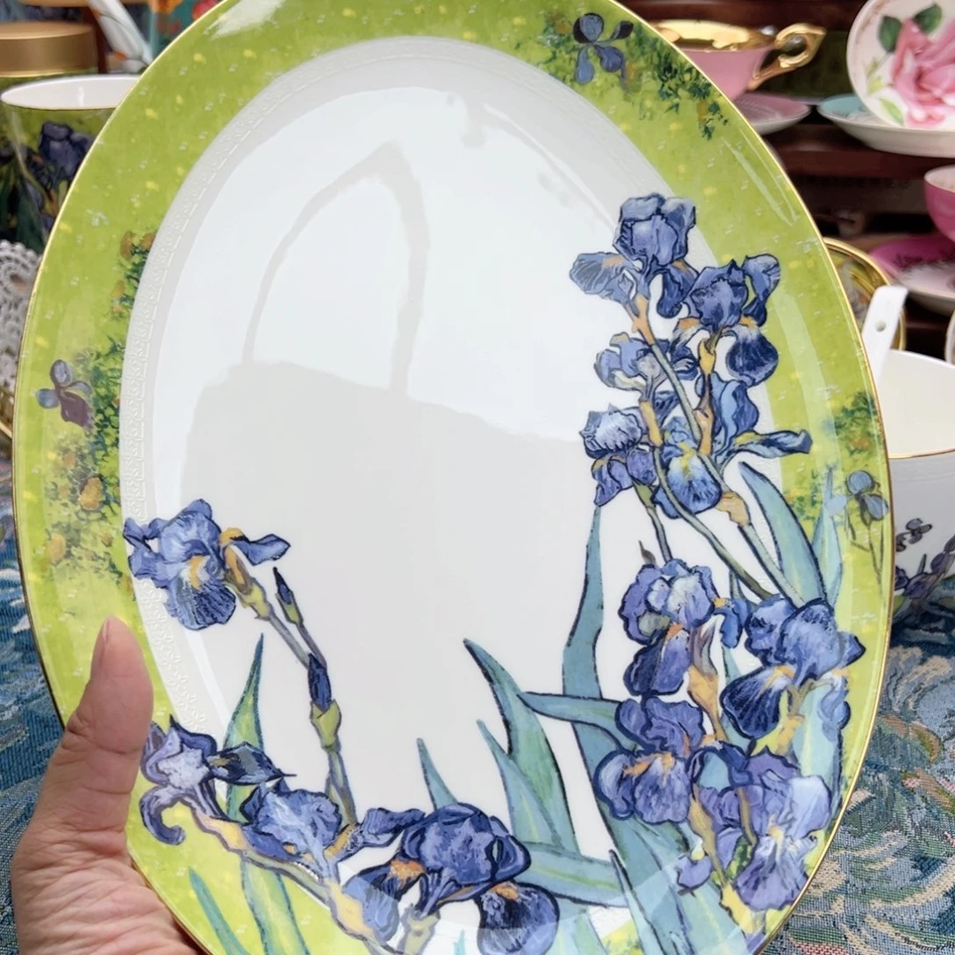 自然写生鸢尾花12寸鱼盘