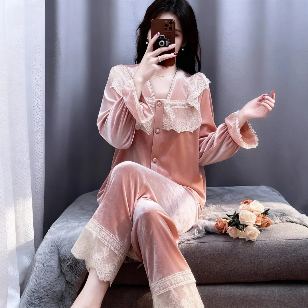 tpvl法式钻石丝绒宫廷风睡衣女秋冬蕾丝可外穿家居服2025新款粉色