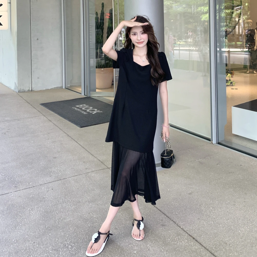 方领拼接网纱黑色连衣裙女2025夏季新款收腰显瘦A字裙气质长裙