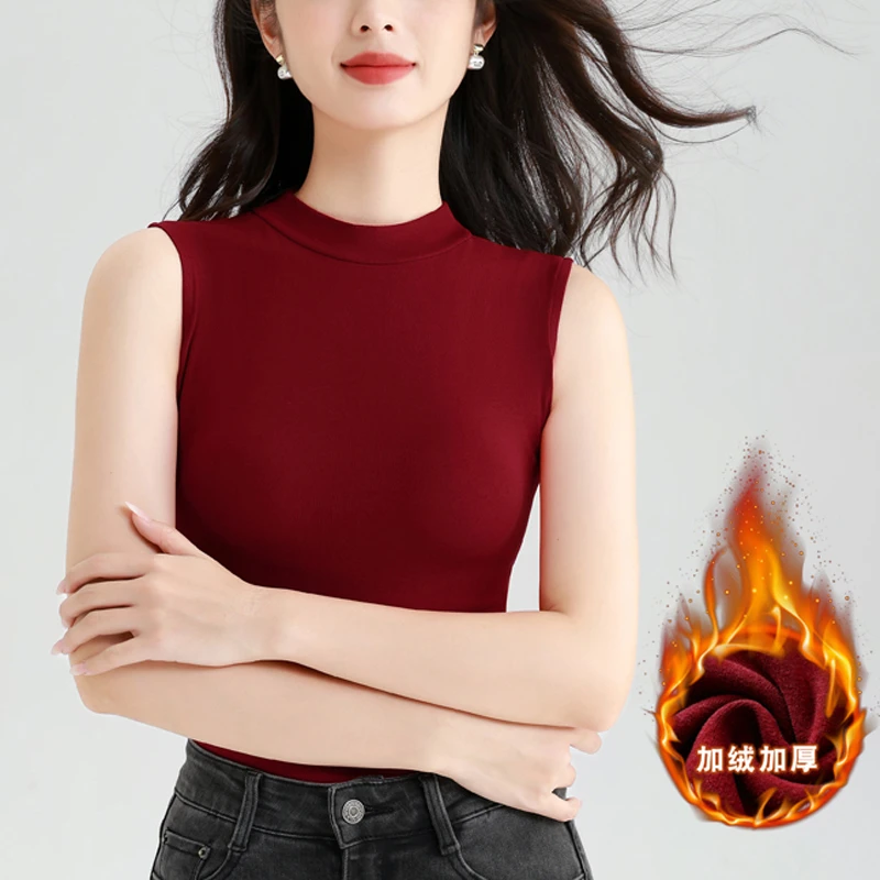 欧货螺纹时尚半高领无袖T恤女春秋款修身加绒保暖背心打底衫上衣