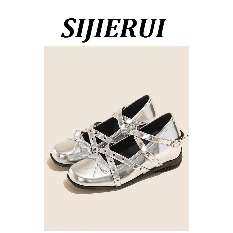 SIJIERUI内增高银色方头芭蕾单鞋女2025新款浅口蝴蝶结玛丽珍鞋女