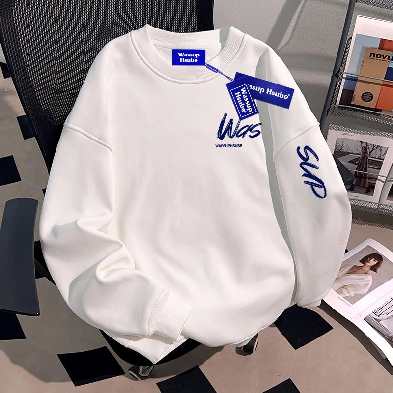 新款宽松秋冬季男女加绒白色上衣卫衣美式长袖圆领打底潮流加厚