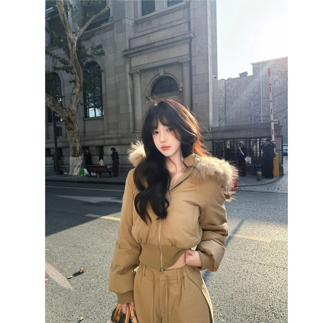 2025年秋冬新款高级感加厚拉链外套毛毛拼接显瘦外套配休闲裤套装