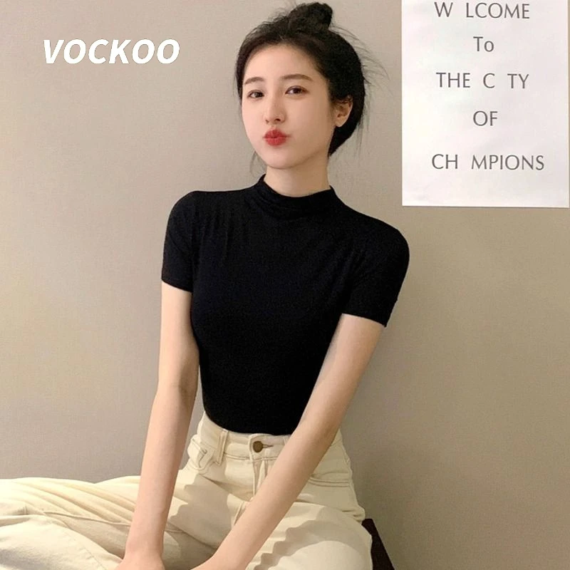 VOCKOO莫代尔黑色半高领冰丝短袖t恤女夏季中领面膜短袖打底衫紧