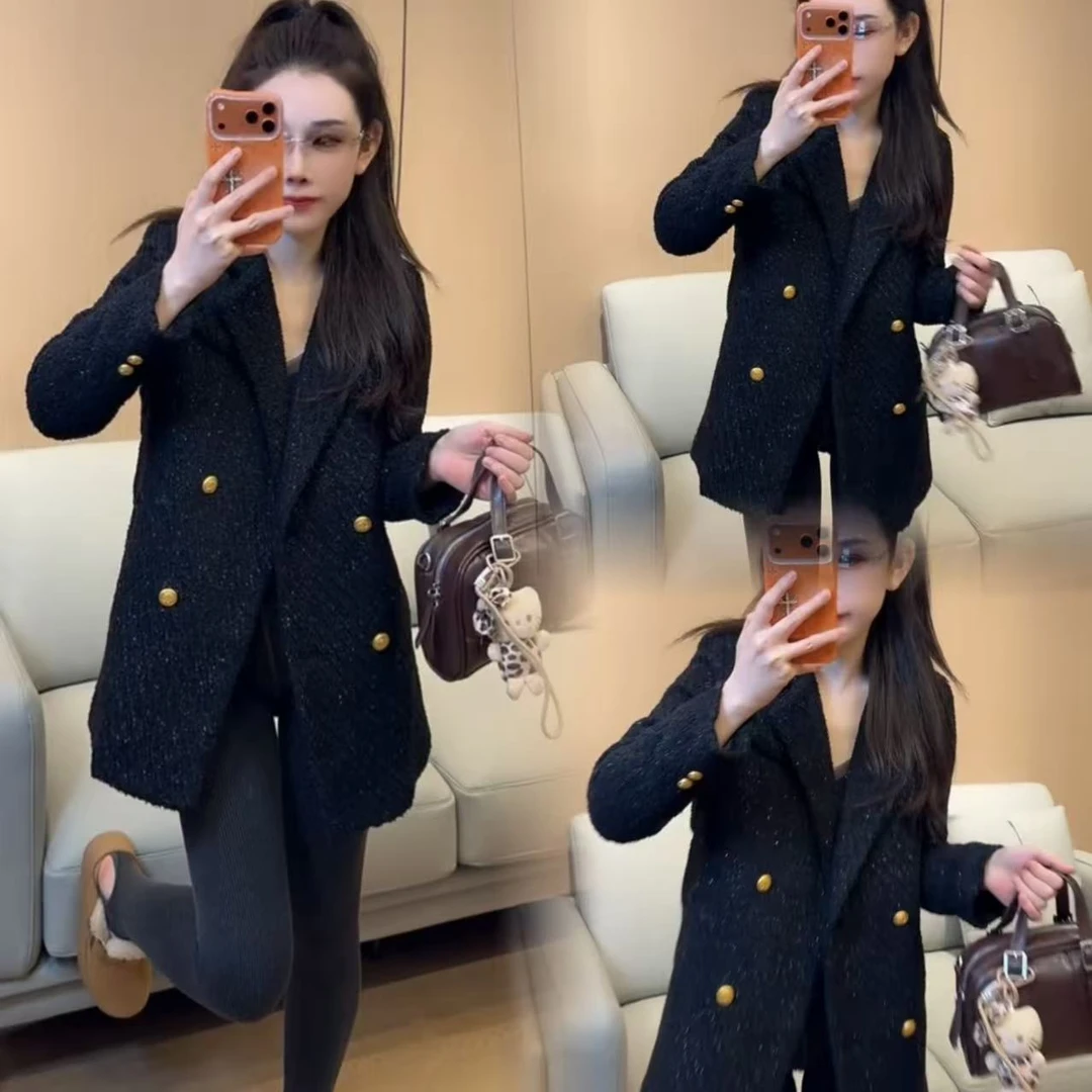 117秋冬高级感西装加厚外套小香风黑色上衣女中长款-88024