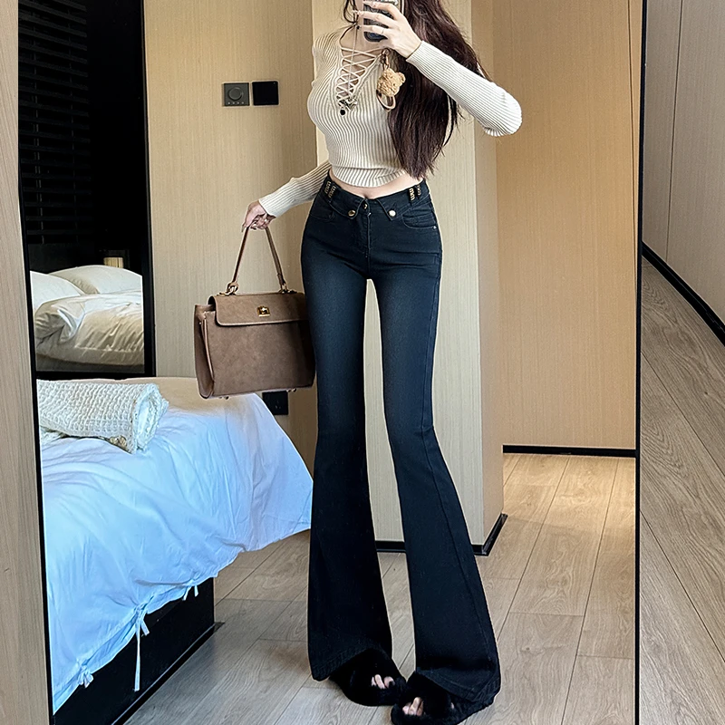 星耀黑高腰加绒微喇牛仔裤女2025冬季新款修身显瘦弹力百搭喇叭裤