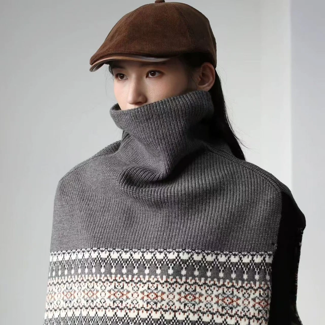 费尔岛高领针织披肩围巾女冬季加厚法式复古外搭叠穿保暖脖套围脖