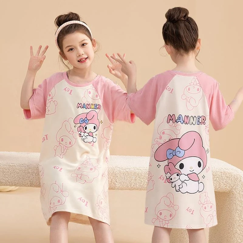 范哲萨2025夏季新款儿童纯棉睡裙薄款短袖小女孩公主风睡衣中大童