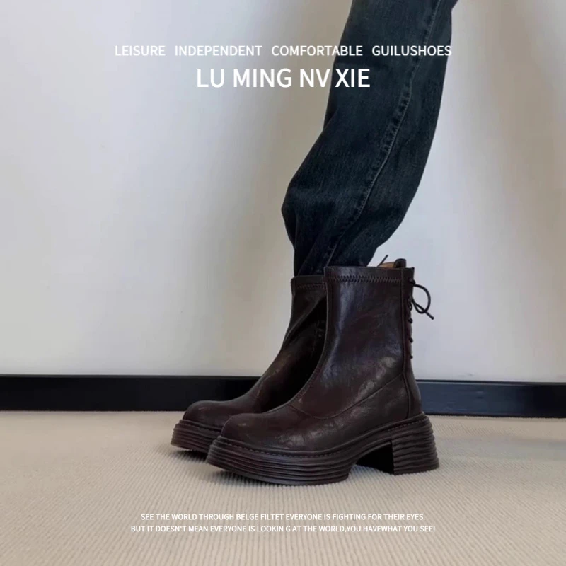 羊皮版~2025新款法式复古小众圆头粗跟后拉链气质百搭时装靴女款