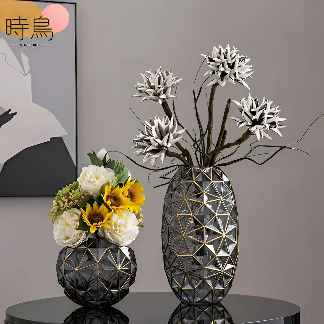 轻奢创意绣球描金玻璃花瓶插花水培客厅家居软装饰品摆件水养花瓶