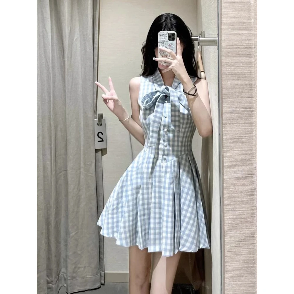法式甜美蓝色无袖格子连衣裙子女夏2025年新款蝴蝶结气质百褶短裙