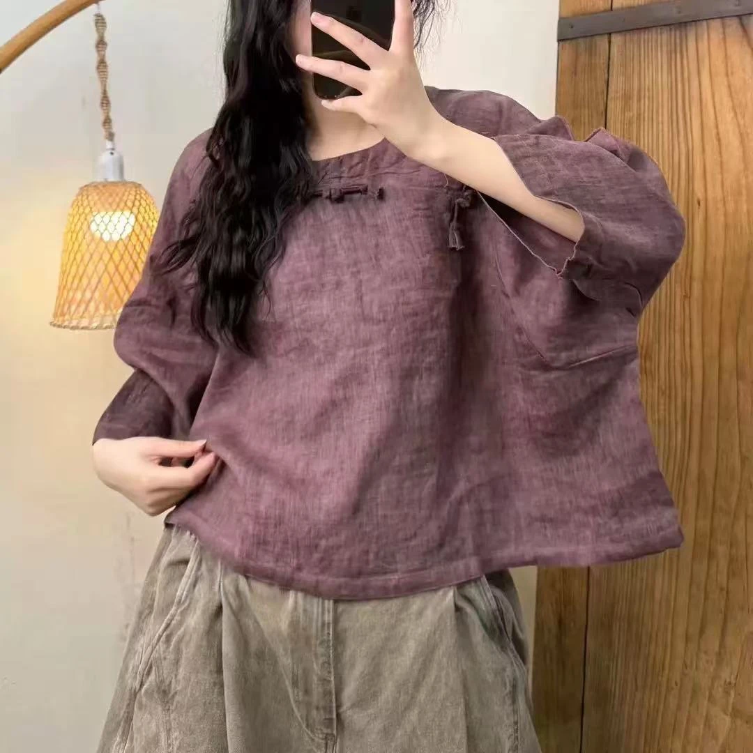 夏季新品圆领文艺风脏洗亚麻盘扣复古风简约衬衣（衣长53 胸围142）