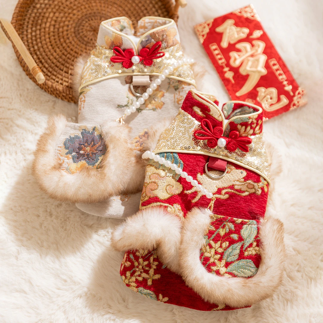 中式新年狗狗衣服保暖两脚衣马甲比熊小型犬猫咪过年唐装宠物服装