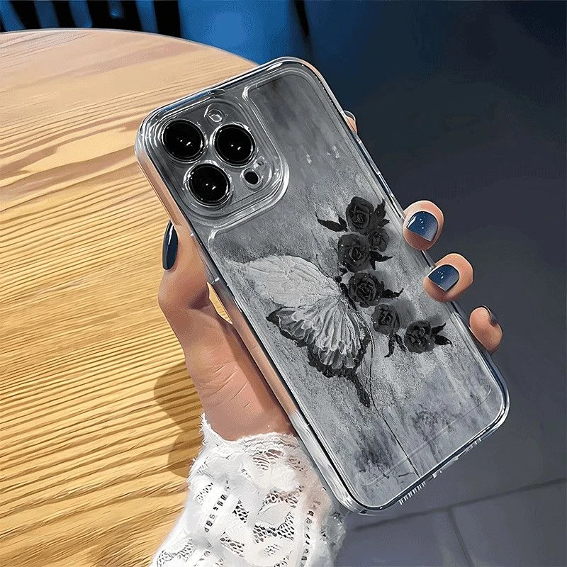 蝴蝶玫瑰图案适用于苹17/16/15/14/13/手机壳简约防摔设计