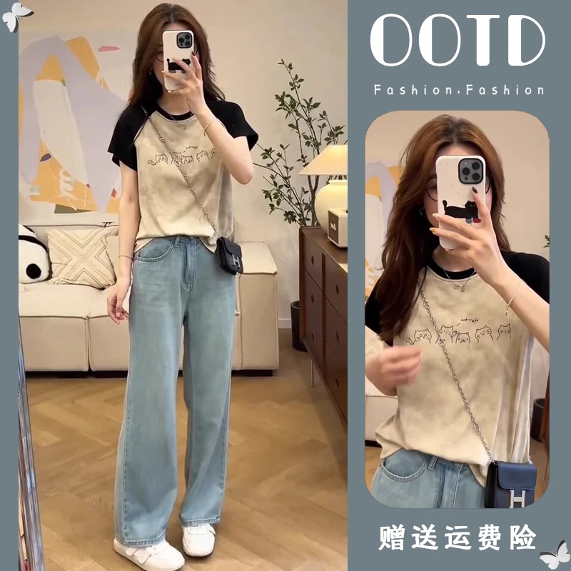 微胖穿搭一整套炸街减龄时尚短袖t恤牛仔裤套装2025新款女装夏季