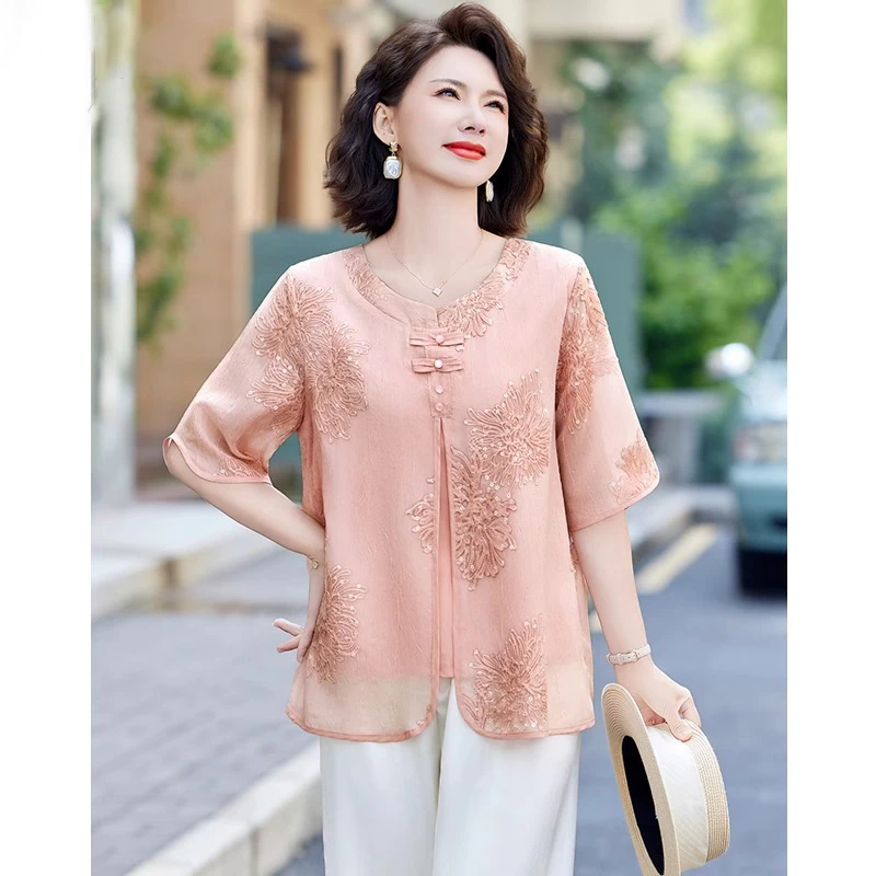 中老年妈妈夏装短袖衬衫上衣洋气高贵夫人小衫女装夏季时尚两件套