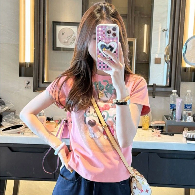 可爱卡通猫狗印花短袖T恤女2025夏季新款时尚设计感洋气衣服女装