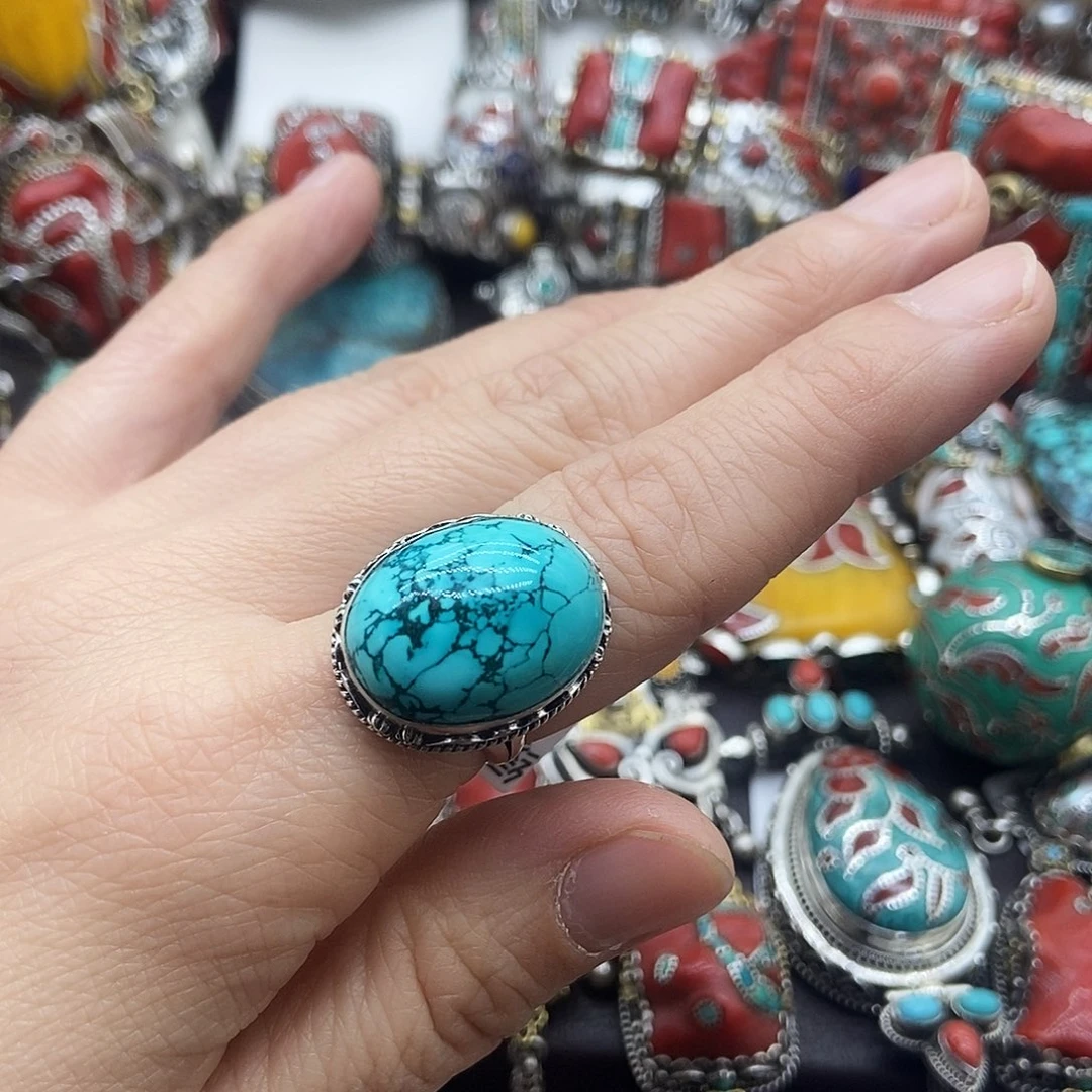 绿松石银S925镶嵌戒指坤尼泊尔手工制作