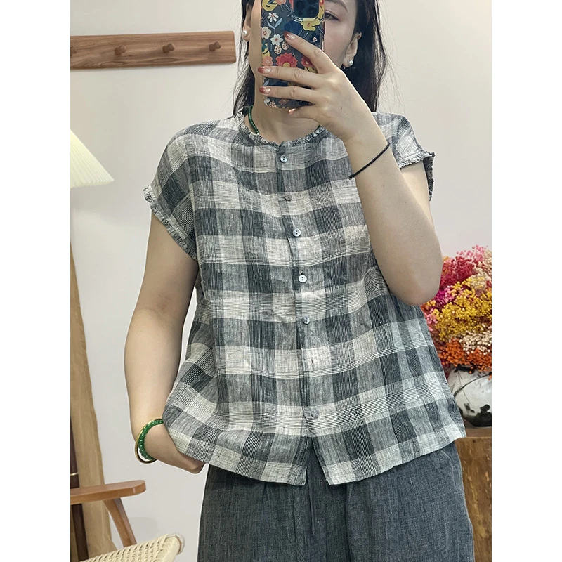 DaoZi/丹丹-无袖木耳边汉麻格子衬衫 209