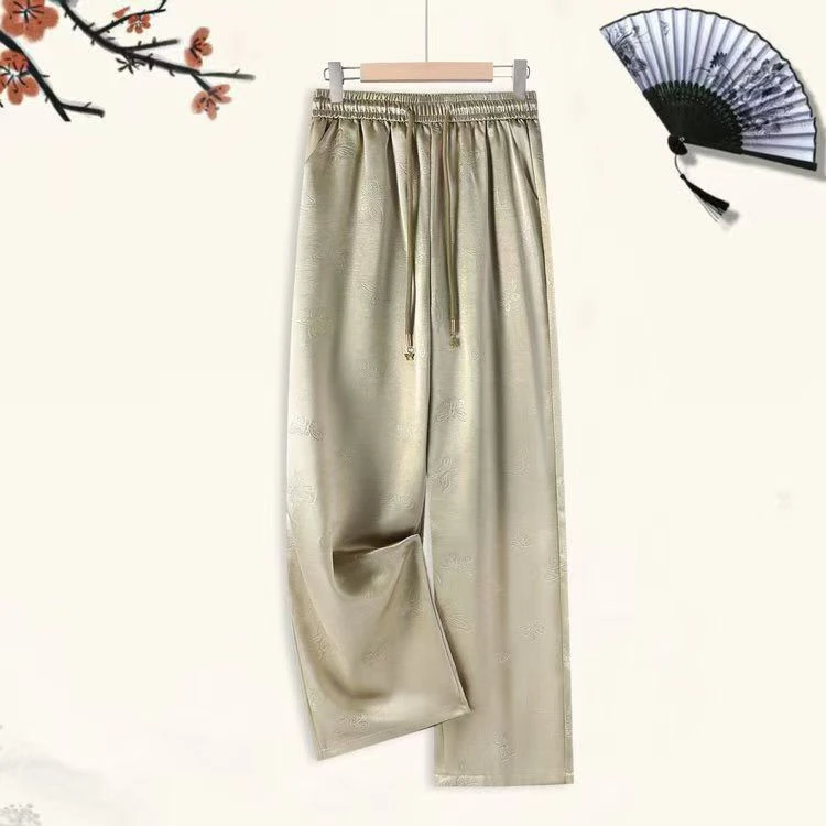 真丝提花 新中式缎面休闲阔腿裤薄款高腰垂感直筒裤