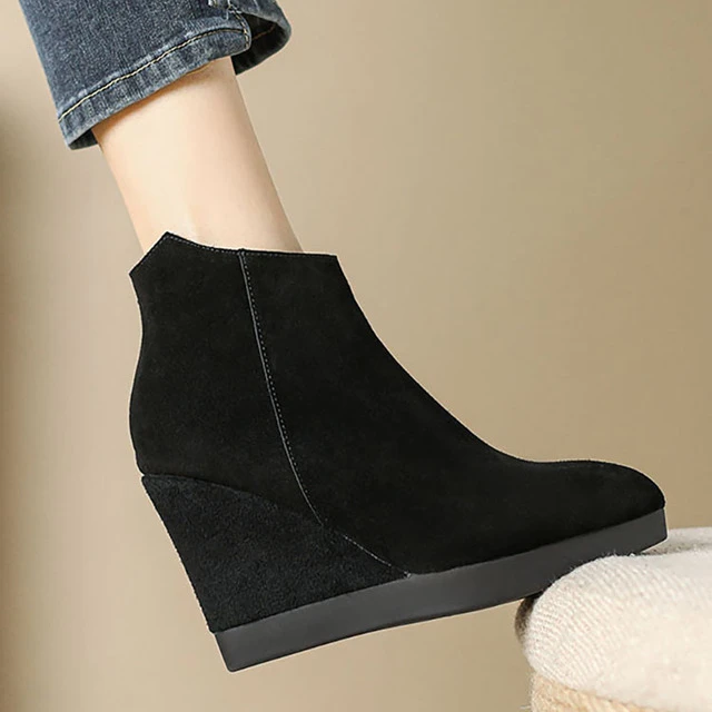 路美真皮女鞋10厘米短靴高跟鞋真皮楔形鞋跟防水平台增加磨砂皮革