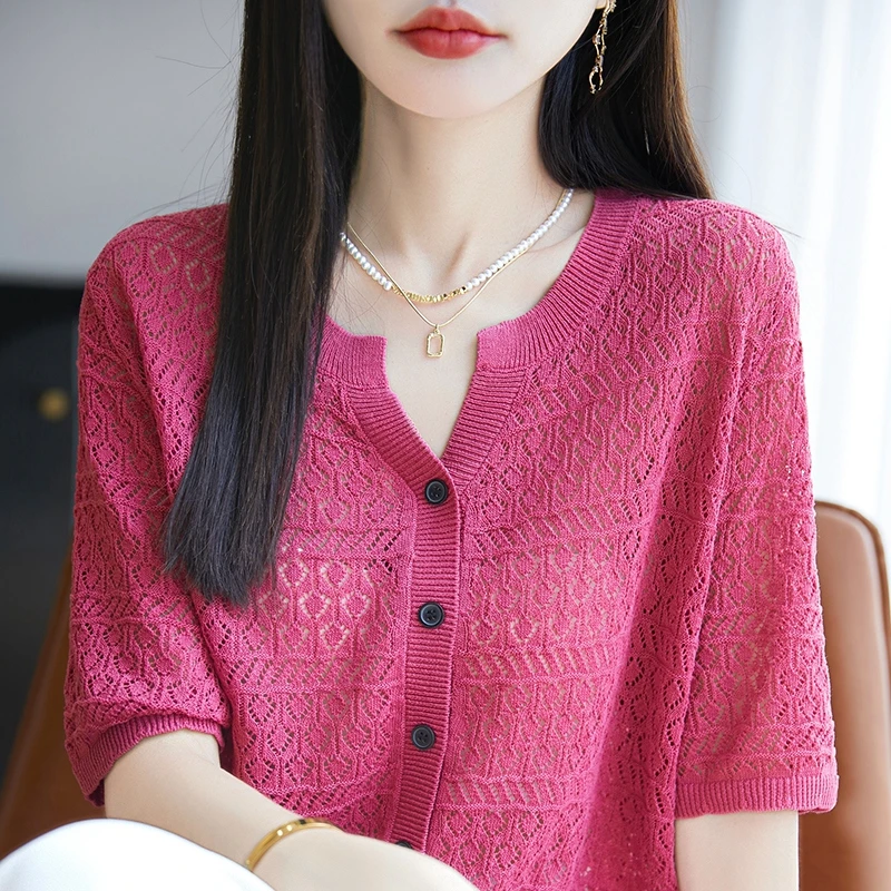 100%莱赛尔天丝针织短袖开衫女镂空五分袖上衣宽松半袖打底S5092