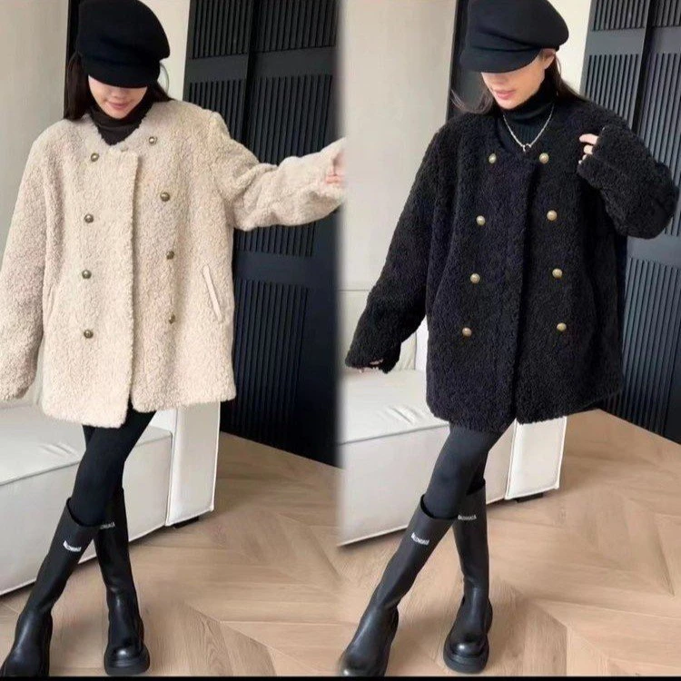大码女装2025秋冬毛毛双排扣加厚大朵毛宽松复古时尚大外套显瘦潮