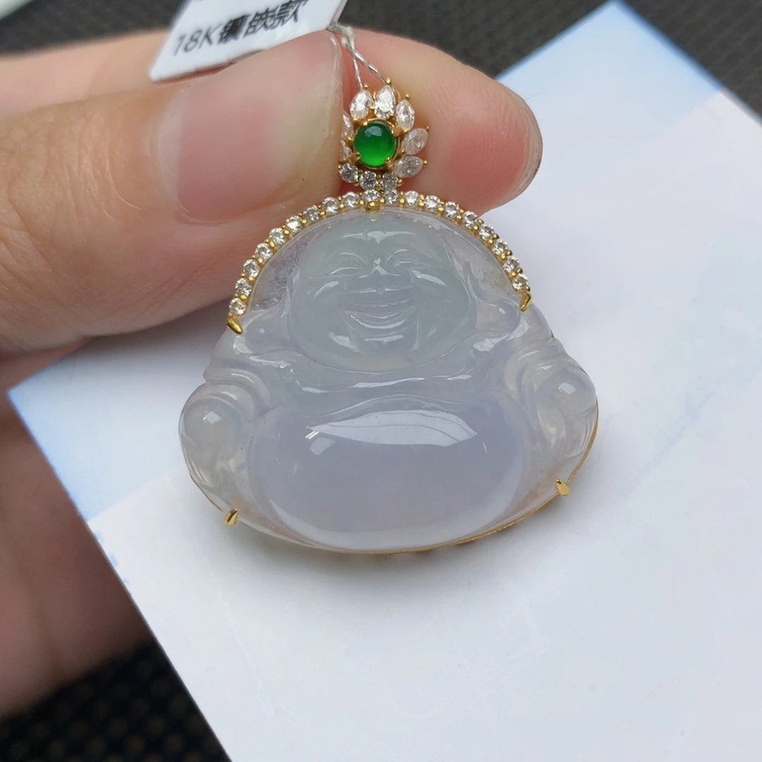 颈饰18K金镶嵌翡翠天然缅甸翡翠A货佛公