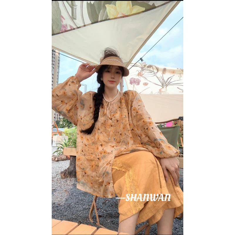 645复古中长款时尚小众百搭夏季衬衫薄款上衣碎花气质长袖针织