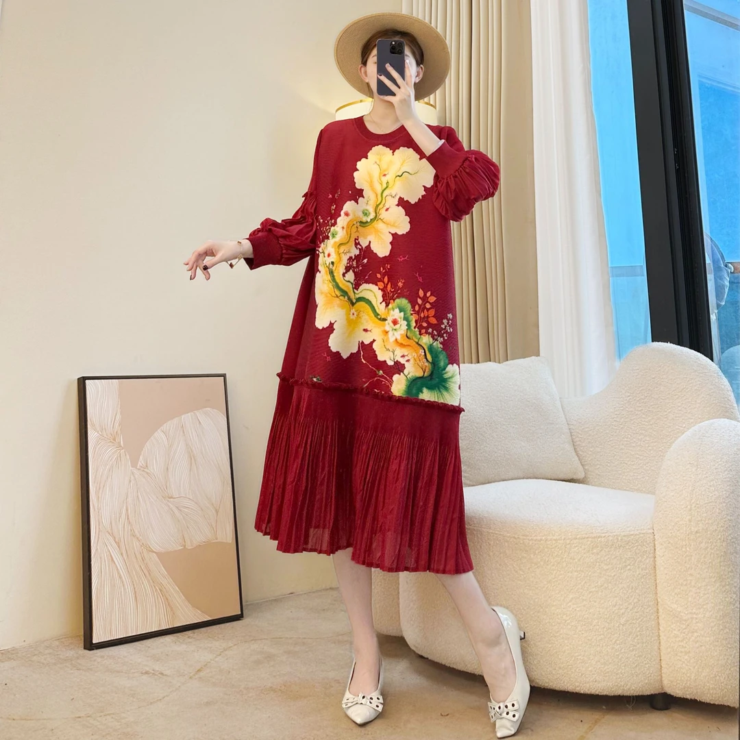 2026新款重工荷叶边灯笼袖连衣裙女时尚复古宽松裙子