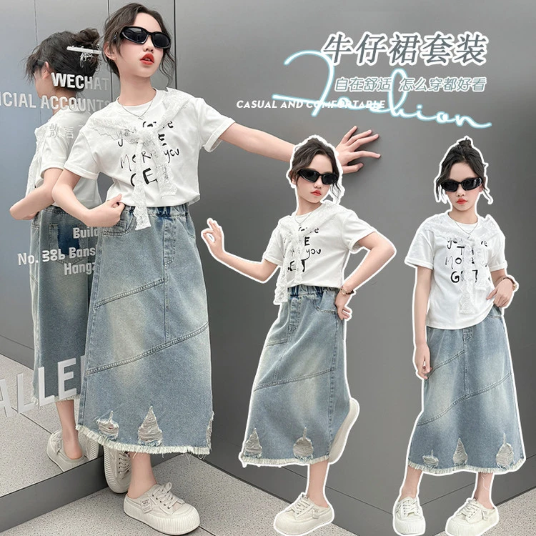 新夏季百搭亲子学生装童装女孩短袖体血牛仔半身裙时尚潮流套装凉