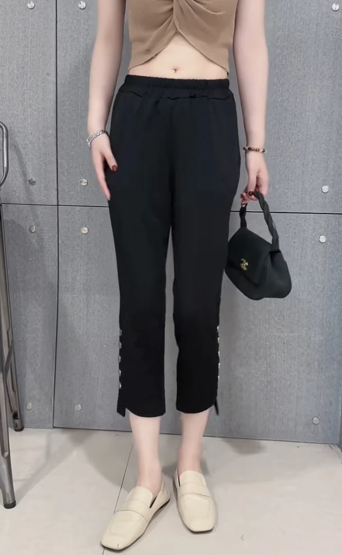 9626夏时尚洋气薄款女裤子加大码高腰显瘦九分纽扣直筒休闲裤显瘦