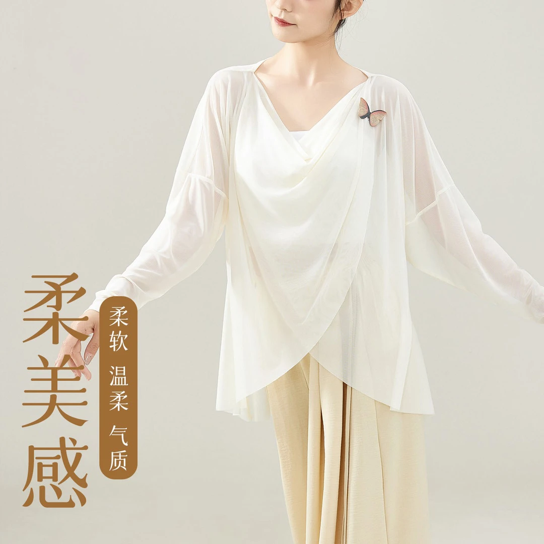 舞蹈服女新款古典白色飘逸宽松网纱形体练功中国长袖成人民舞裤