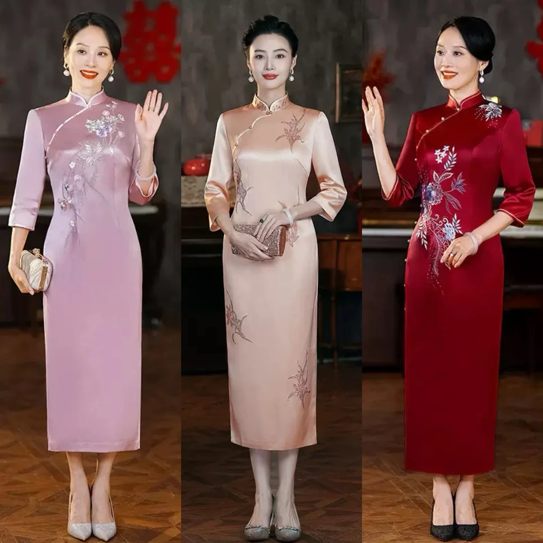 【正品苏绣】喜妈妈婚宴香槟粉三醋酸喜婆婆旗袍礼服年轻时尚日常N