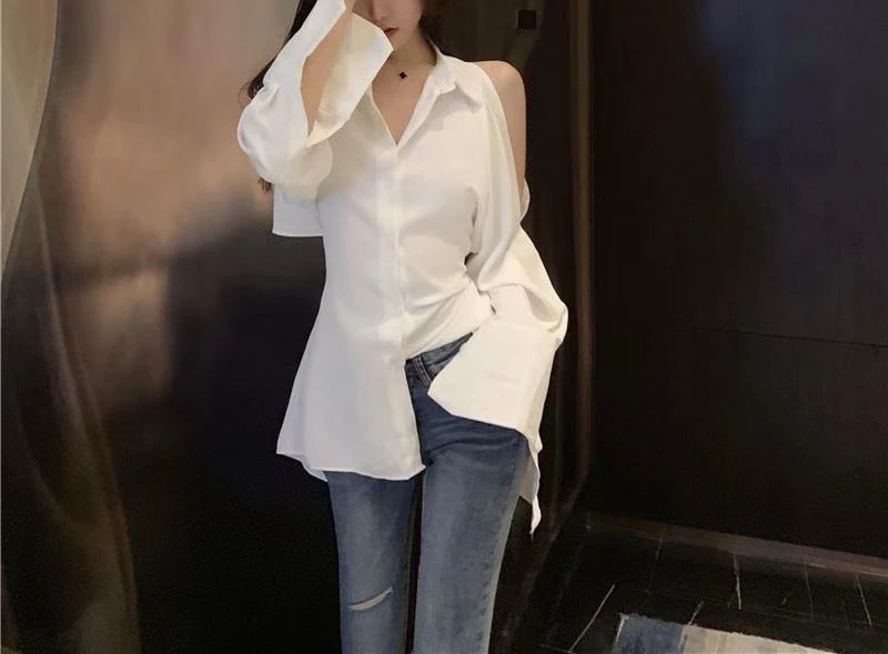 大码女装纯欲风性感露肩长袖衬衫洋气时尚百搭洋气宽松中长款005