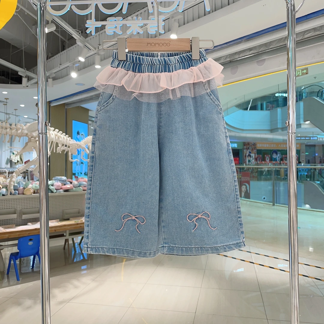 MOMOCO夏季女童休闲百搭洋气花边蝴蝶结牛仔七分裤77620351002