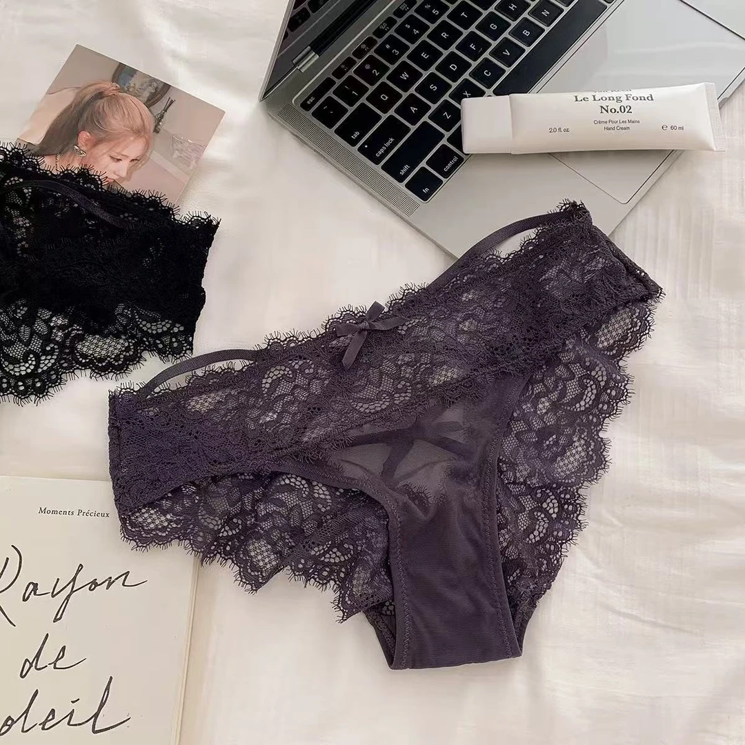 【交叉蜜桃】法式性感蕾丝绑带镂空低腰三角女士内裤纯欲舒适三角裤