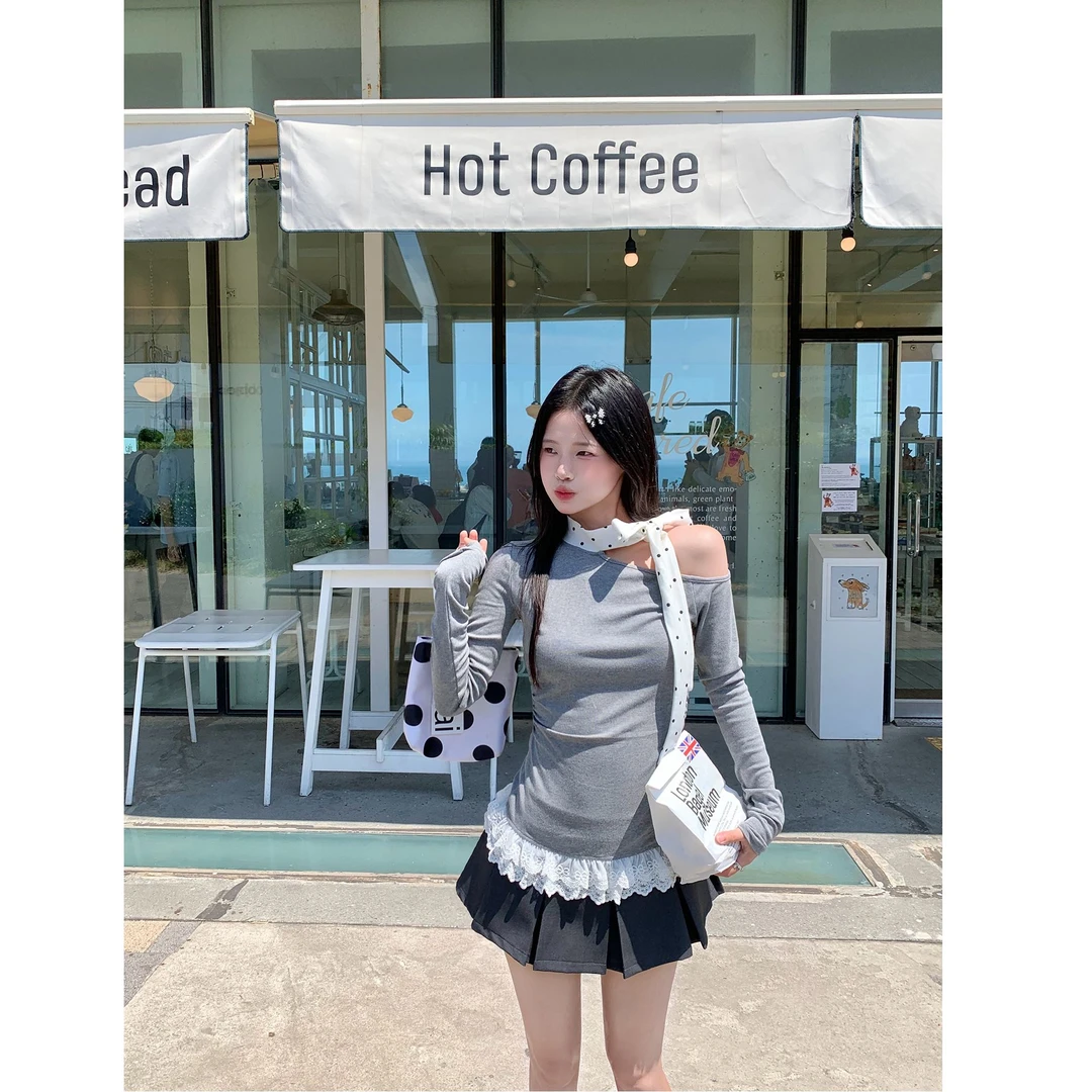 春秋款纯欲懒惰风女装长袖T恤韩版甜妹风ins针织显瘦辣妹修身小衫