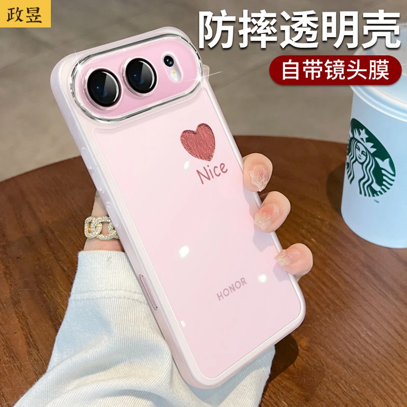 适用荣耀500手机壳自带镜头膜500pro保护壳华为honor全包透明爱心