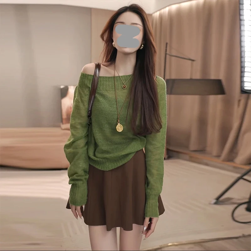 高级感斜肩毛衣女春秋外穿超好看独特漂亮露肩套头长袖针织衫上衣