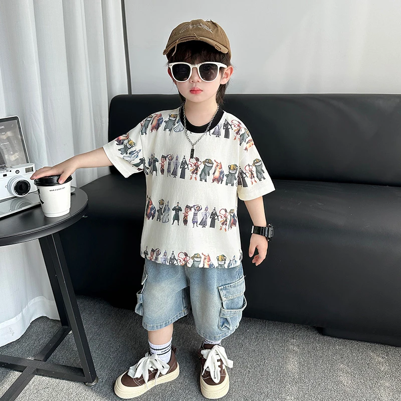 哪吒儿童服装男童短袖t恤套装2025夏季痞帅儿童时髦衣服两件套潮