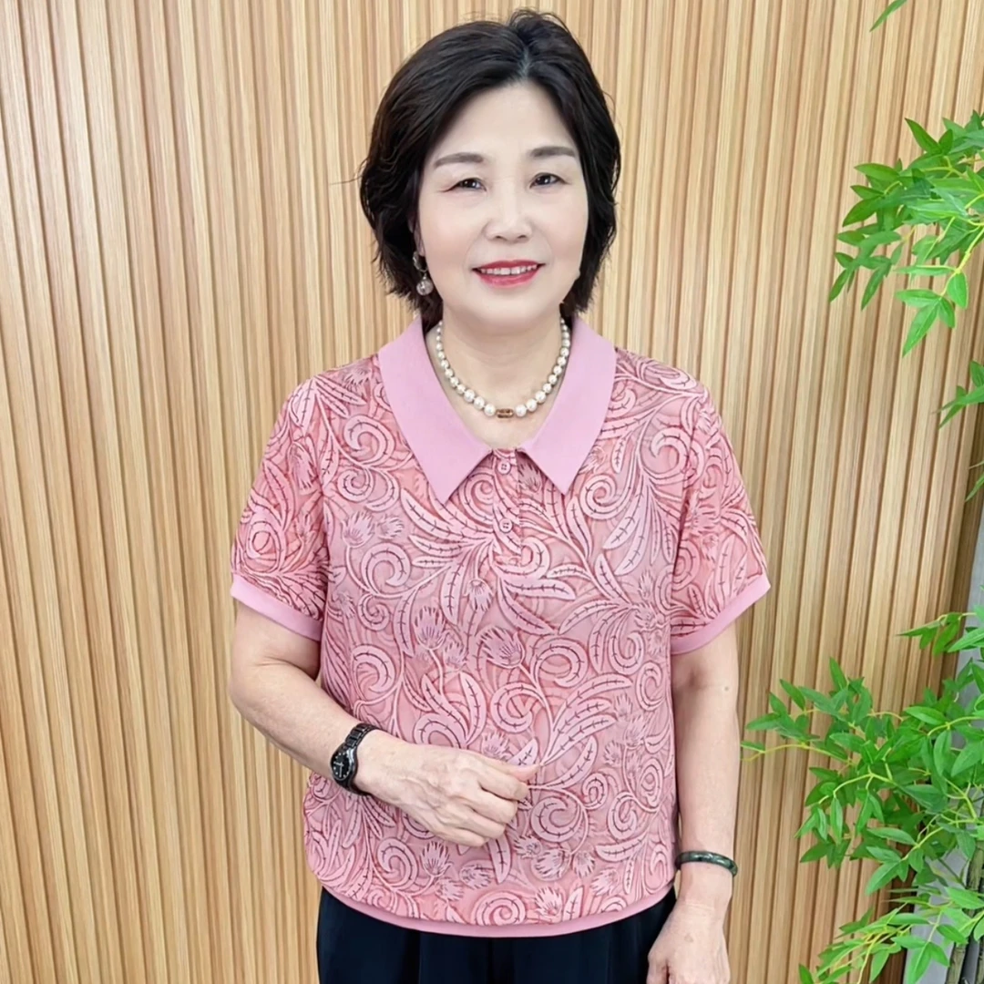 短袖薄款娃娃领纽扣时尚中老年女装夏季中年摩斯风V6623