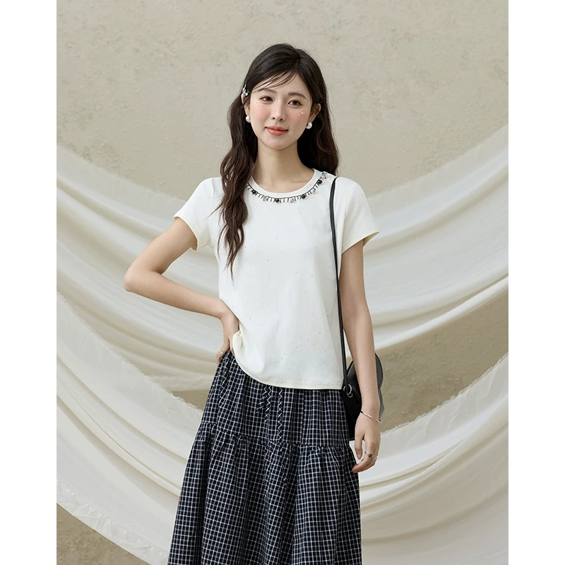 【粉丝专享】谜秀彩色串珠T恤撞色勾线圆领宽松短袖MXE32T0539