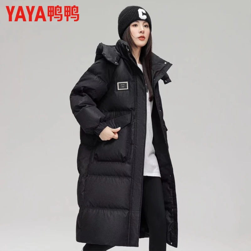 YAYA/鸭鸭新款过膝韩版时尚防风保暖飘带2.0中长款冬季羽绒服外套